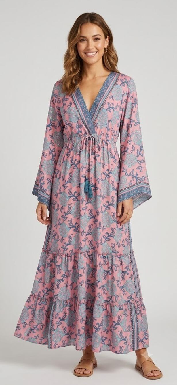 Bigg Bull by Cam Silk Blend Maxi Dress Pink Steel Blue Floral Paisley Medium